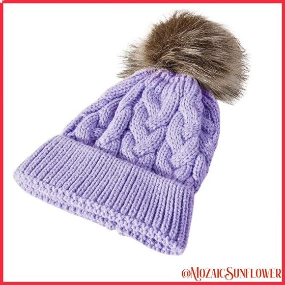 Toddler Hand Cable Knit Lavender Hat Faux Fur Pom - Picture 3 of 4
